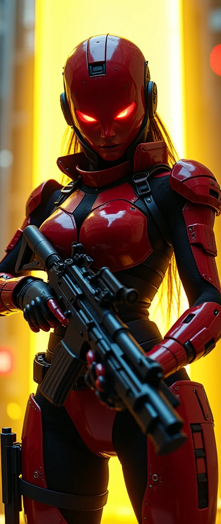 Frontal combat stance of the armored female warrior, her imposing physique and striking red and black armor accentuated by the LED spotlight's bright yellow beam. Her piercing red-orange cyber eyes glow beneath the transparent glass shield, radiating intensity as she grasps her gun firmly with her right hand. The cyberpunk cityscape behind her provides a dramatic contrast to her bold attire, with neon lights reflecting off her armor.
