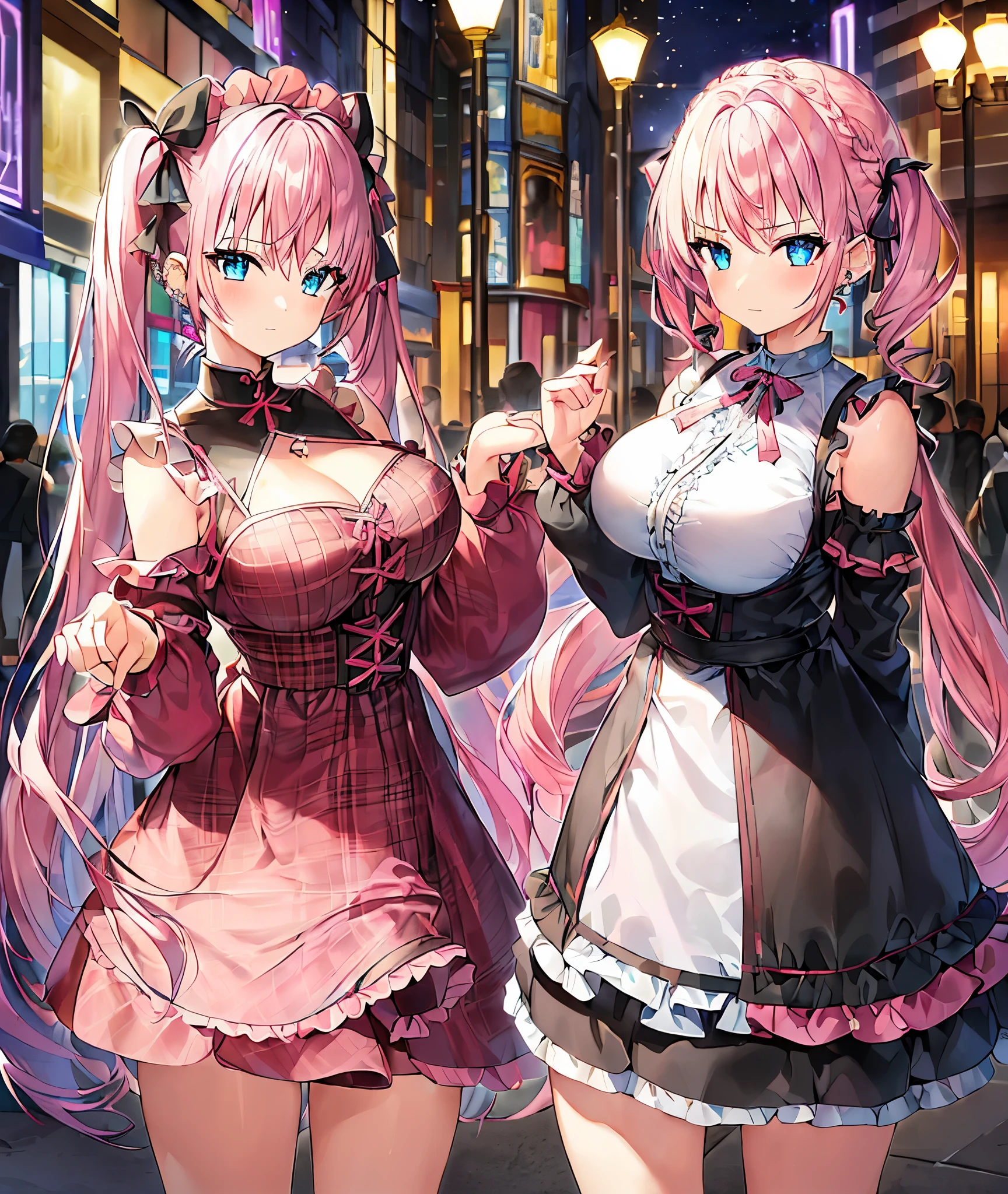 (masterpiece、top-quality、ultra-detailliert)、((1 girl))、((Pink hair twin tails))、light blue eyes、evilsmile、piercings、((very Bigger breasts))、jirai fashion、pink clothing、frilld、a black ribbon、Black miniskirt、cowboy shot、Downtown background at night