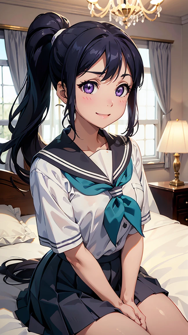 kanan matsuura, blue hair, long hair, ponytail, (purple eyes:1.1), sidelocks,aqua neckerchief, grey sailor collar, grey skirt, miniskirt, neckerchief, pleated skirt, sailor collar, sailor shirt, school uniform, serafuku, shirt, skirt, summer uniform, uranohoshi school uniform, white shirt,----(8K, raw, highest quality, real 1.2), ultra high quality, high resolution, highest quality, perfect face, perfect limbs, perfect fingers, high resolution, (beautiful anime face, cute face, detailed face), smile of joy, smiling expression, sitting on bed, cowboy shot, miniature human hand, (((medium bust 1.3))), (((thin thighs 1.3))), ((white walls bedroom 1.5)), ((white framed bed 1.5)), ((white ceiling bedroom 1.5)), ((divine light 1.5)), pure white chalk interior, pure white marble interior, ((Pure white bedroom like a Western castle: 1.5)), ((Luxurious pure white canopy bed: 1.4)), ((Chandelier: 1.4))), ((Pure white bed 1.5)), ((Beautifully decorated bedroom 1.5)), perfect anatomy, perfect proportions, nice lighting, bright colors, clean lines, information, blurred, stunning facial expression, restless emotions, gorgeous and cute, beautiful face and eyes in every detail, (masterpiece) beautiful face, young and handsome girl, really perfect skin, blurred, stunning facial expression, restless emotions, gorgeous and cute, beautiful face and eyes in every detail, (Audrey Hepburn), (cute), (J-POP idol), (thighs, (depth of field), (depth of field), soft light, glittering lens gaze, (droopy eyes), straight teeth, shy smile, flowing hair, a scene from Blake's movie,