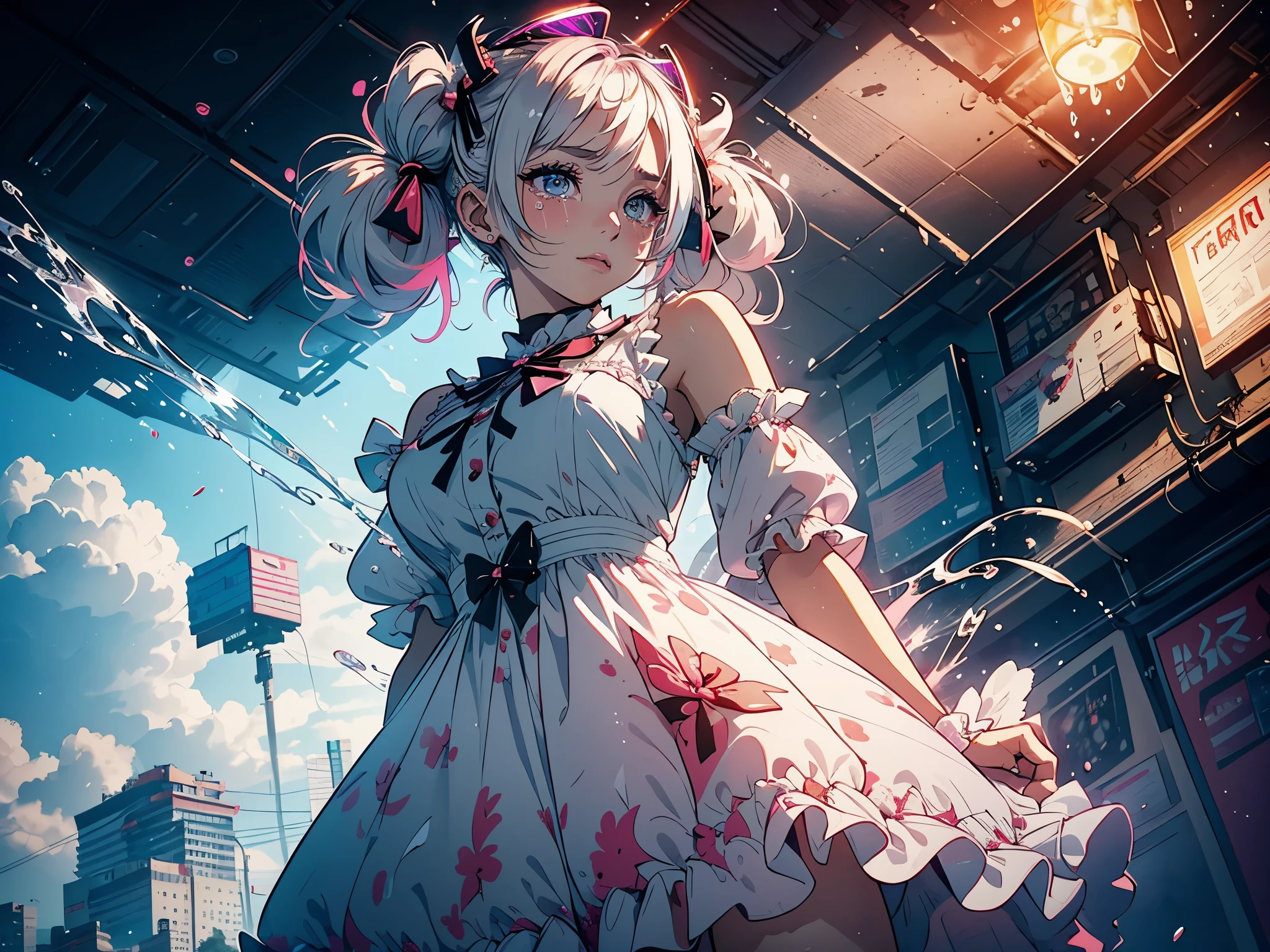 Hair shaking, victory, Long eyelashes, Solid round eye, A faint smile, ear blush, direction, (White hair), cosmetic, blush, sad, sad smile, shadow, Relief, Atmospheric perspective, 8K, Super Detail, precise, best quality, (Cyberpunk), Movie Lighting, masterpiece,(1 Girl), ((((Short twin tails)))), Colorful hair, flight, Pink bow,((Female Model)), (Angel Halo), ((( wing ))), bold, striking, fashionable, panoramic, Eye level shot, tiling from below,, (((Lolita dress))), (((Wide-angle lens))), (((( Splash of Color )))),8k,Ultra-clear