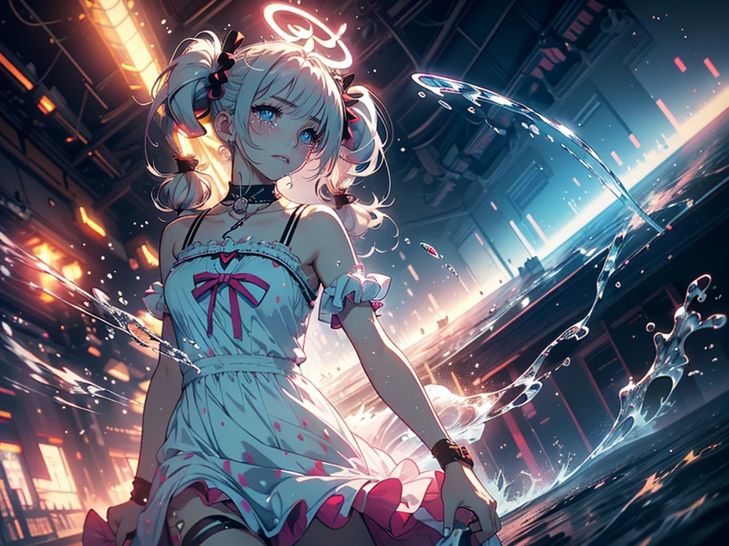 Hair shaking, victory, Long eyelashes, Solid round eye, A faint smile, ear blush, direction, (White hair), cosmetic, blush, sad, sad smile, shadow, Relief, Atmospheric perspective, 8K, Super Detail, precise, best quality, (Cyberpunk), Movie Lighting, masterpiece,(1 Girl), ((((Short twin tails)))), Colorful hair, flight, Pink bow,((Female Model)), (Angel Halo), ((( wing ))), bold, striking, fashionable, panoramic, Eye level shot, tiling from below,, (((Lolita dress))), (((Wide-angle lens))), (((( Splash of Color )))),8k,Ultra-clear