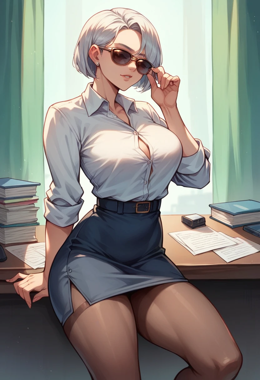 (masterpiece, best quality:1.2), 1girl, solo, big natural tits, office suite, short silver hair, curves in all the right places, sunglasses,