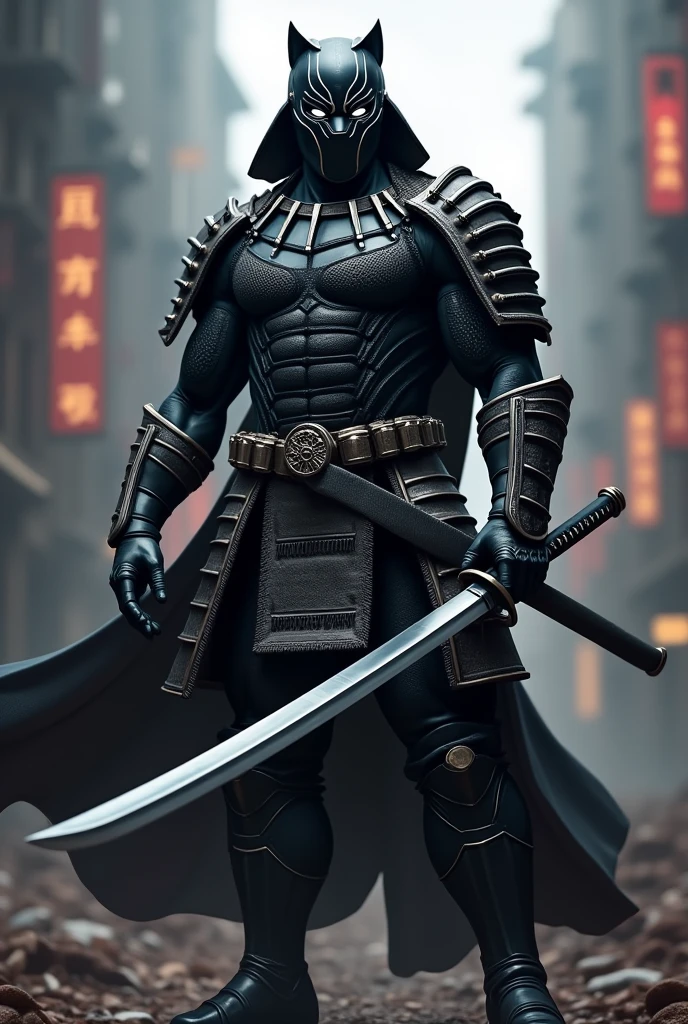 Superhero Black panther in samurai armor, white eyes, wielding katana, full body
