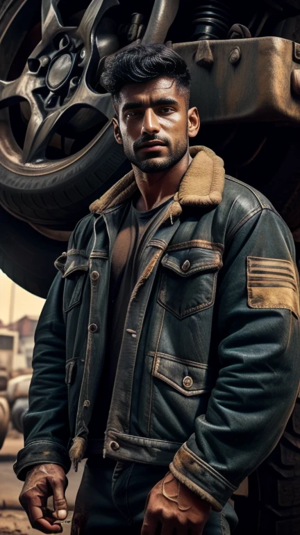 28 years old INDIAN car mechanic color body weared dirty mechanic tool jacket black grease stains on face and jacket