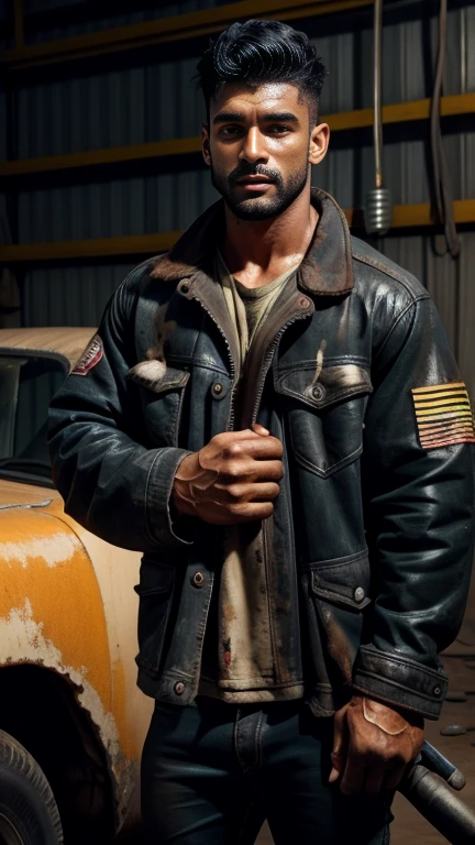 28 years old INDIAN car mechanic color body weared dirty mechanic tool jacket black grease stains on face and jacket