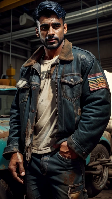 28 years old INDIAN car mechanic color body weared dirty mechanic tool jacket black grease stains on face and jacket