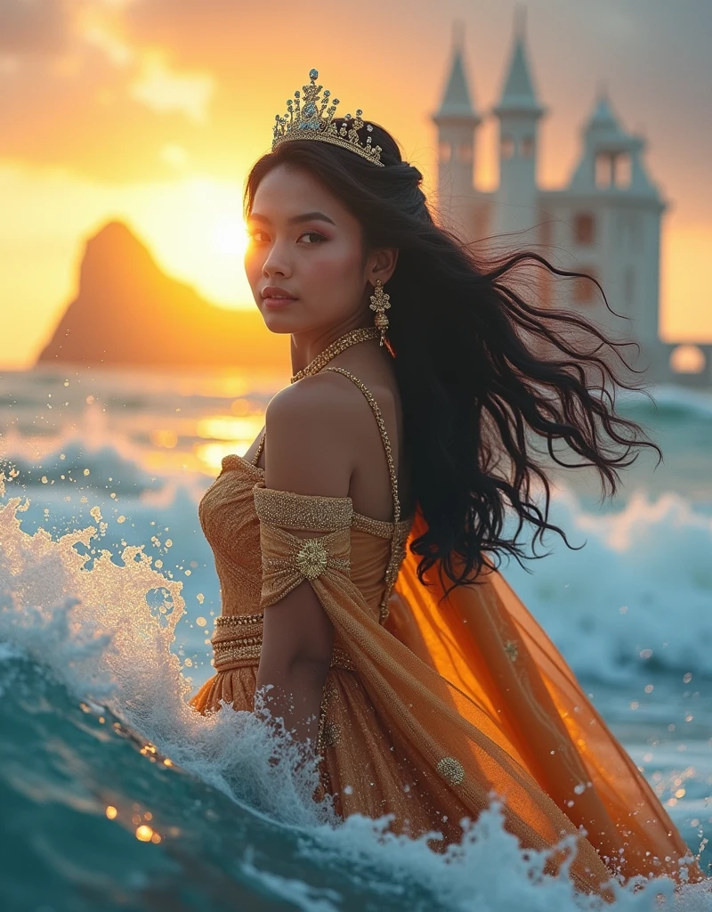 A captivating close-up photograph of a stunning beauty young indonesian woman wearing luxury outfit and tiara With slightly wavy black hair, shawl on hip and gold jewelry completed her majesty. Her shawl is flew away. she is seeing to camera while gracefully posing on the crest of a dramatic wave in the middle of the sea. Her attire is a dazzling blend of vibrant colors. Behind her, a fantastical white castle floats on the horizon, white mist around the castle, enhancing the surreal setting. The waves crash around her, creating a dynamic interplay of water and light, all set against the backdrop of a fictional reality, seamlessly merging realism with fantasy, orange sunset the sky., photo, 4k quality, fixed focus lens