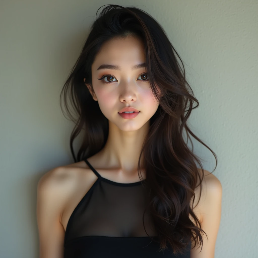 Real photo, Yui, Age 20 years, brown perfect circle pupils, eyeliner, dense thin eye brows, black hair highlight brown; full body photo, wear black dress, wall background