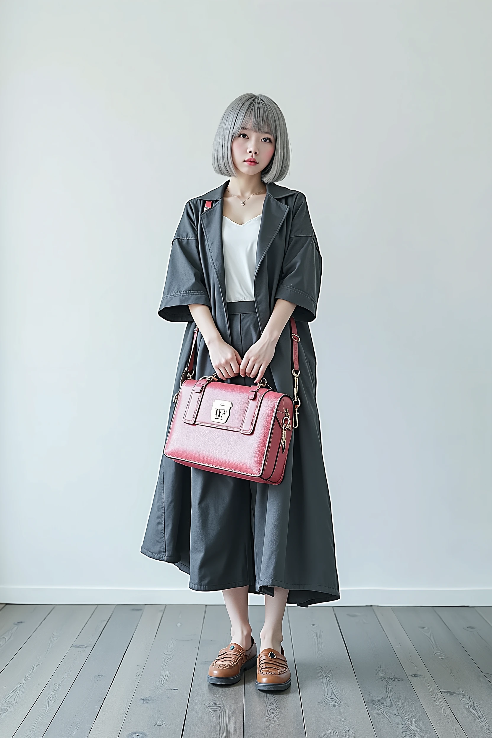 (RAW photo, best quality, masterpiece: 1.2), (photorealistic: 1.4), best lighting, 20 years old, (detail face, detail eyes, light gray eyes, light gray hair, short straight bob cut, Symmetrical eyes, huge breasts :1.3)