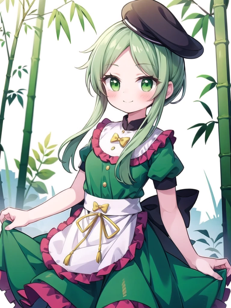 1girl, masterpiece, best quality, perfect hands, blush, smile, closed mouth, teireida mai, hat, tate eboshi, short hair with long locks, green hair, green eyes, short sleeves, bow, green dress, ribbon, frills, waist apron, ribbon, holding, holding bamboo, cowboy shot, parted bangs, puffy short sleeves