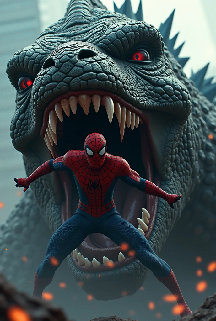 Spiderman struggling inside the Godzilla's mouth