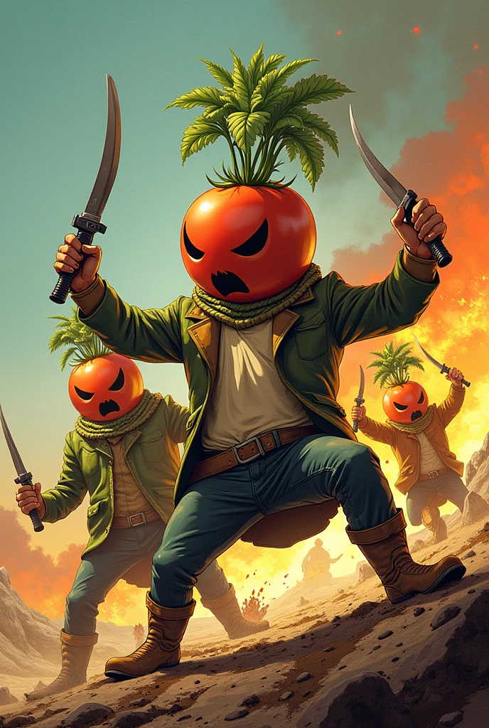 Create a comic book cover with a title " the vegetable revolt " com tomates , onions and carrots . Without humans and in Portuguese why?/br col onions