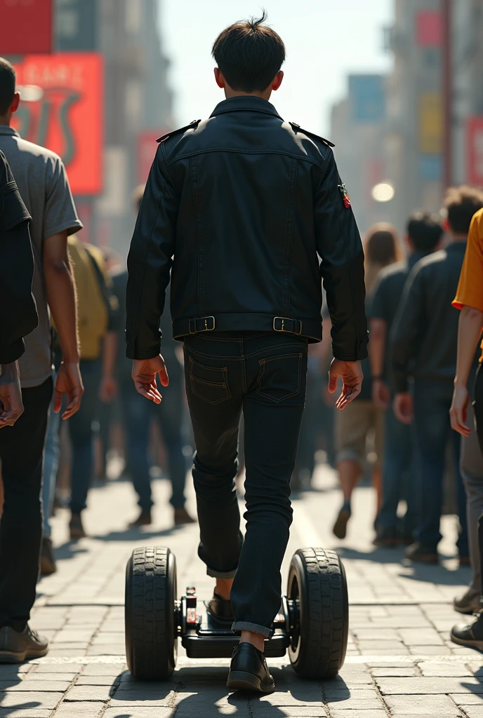 (photorealism:1.2), Among a crowd of people, a subject with an electric walkway and closed fists walks down the sunny street. The subject looks like a normal person. From behind you can see that he is wearing circular glasses, a black jacket with military details, black formal shoes and black jeans.