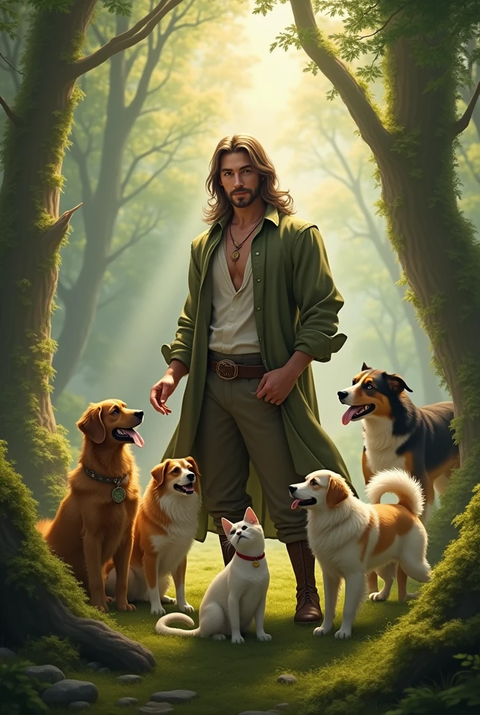 Handsome man with long hair playing with dogs and cats in the forest.