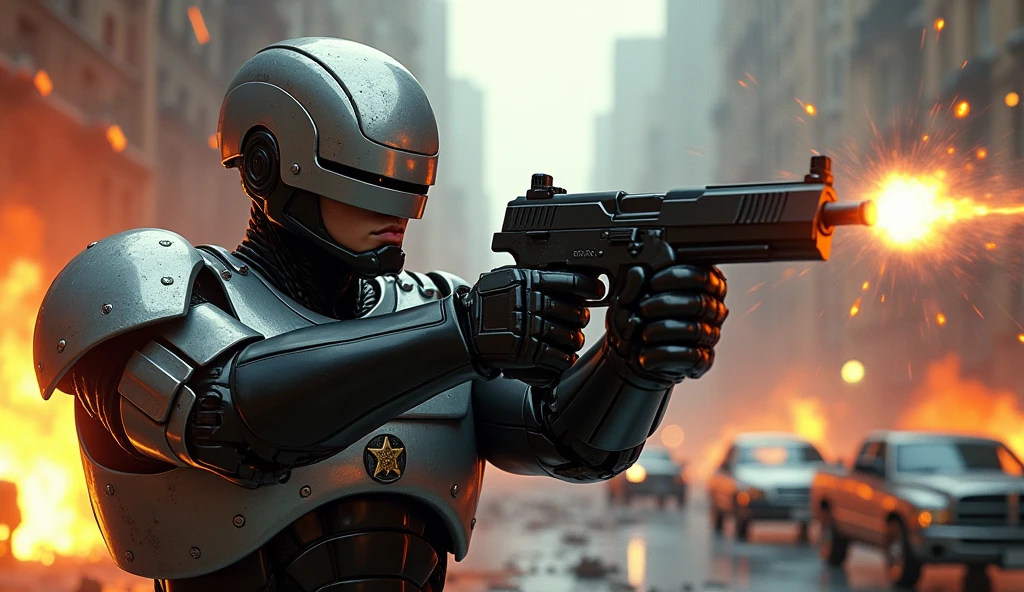 RoboCop in action, aiming his Auto-9 pistol with precision, his armor reflecting the sparks of a nearby explosion, the background a chaotic urban battlefield with debris and damaged vehicles, the atmosphere tense and full of energy, digital art with dynamic lighting and realistic textures, capturing the essence of the action-packed scene,