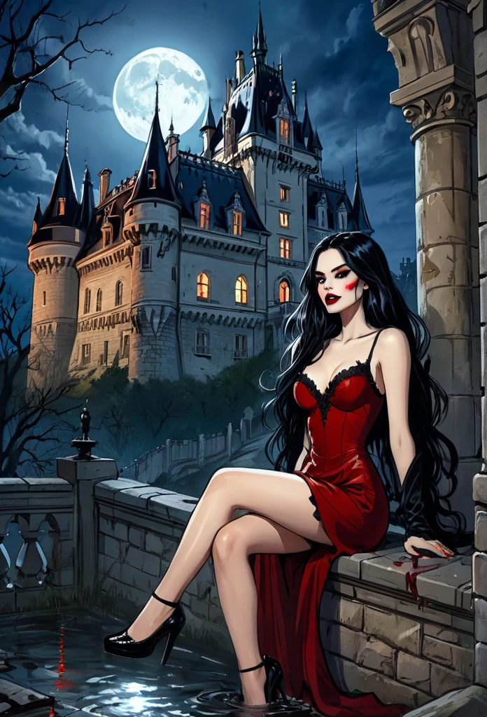1woman, vampire queen, highly detailed, black hair, single hair bun, 25yo, sexy, fair skin, shiny skin, short low-cut black victorian dress, necklace, sitting on a Headstone, crossed legs, (smirk:0.4),dark castle, spooky, vampires,swirling fog, outdoors,Expressiveh, realistic, concept art, realistic, traditional media, 