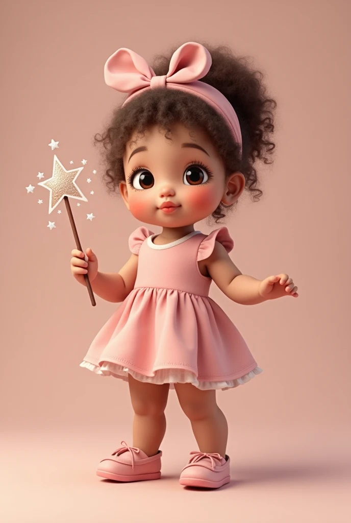 (photorealism:1.2),  girl, fat, cute, curly hair in a ponytail, wearing a bandana with a big pink ribbon, wearing a cute pinky dress, wearing cute shoes, carrying a cute magic wand with stars, lips expression that wants to kiss at the camera