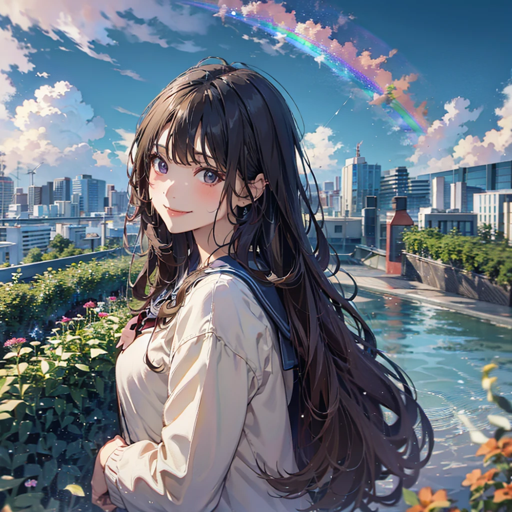 (masterpiece:1.3,Highest quality,,8k,Ultra-high resolution, Very detailed),Beautiful detailed hair, Beautifully detailed face, Beautiful attention to detail ,(Perfect Anatomy, Anatomically correct, Very detailed肌),((whole body:1.4)),Beautiful Face,(high school girl,Sailor suit:1.3,White loose socks:1.2,Brown Loafers,Black Hair,Long Hair,Curly Hair),((garden,The best smile,Sky after rain:1.2,There is a rainbow in the sky:1.3)),Upper body only:1.2,((Natural Makeup:1.3)),((Are standing,Look up at the sky:1.3)),Look at the sky,Diagonally from behind:1.2. Profile with eyes fixed on the sky:1.3