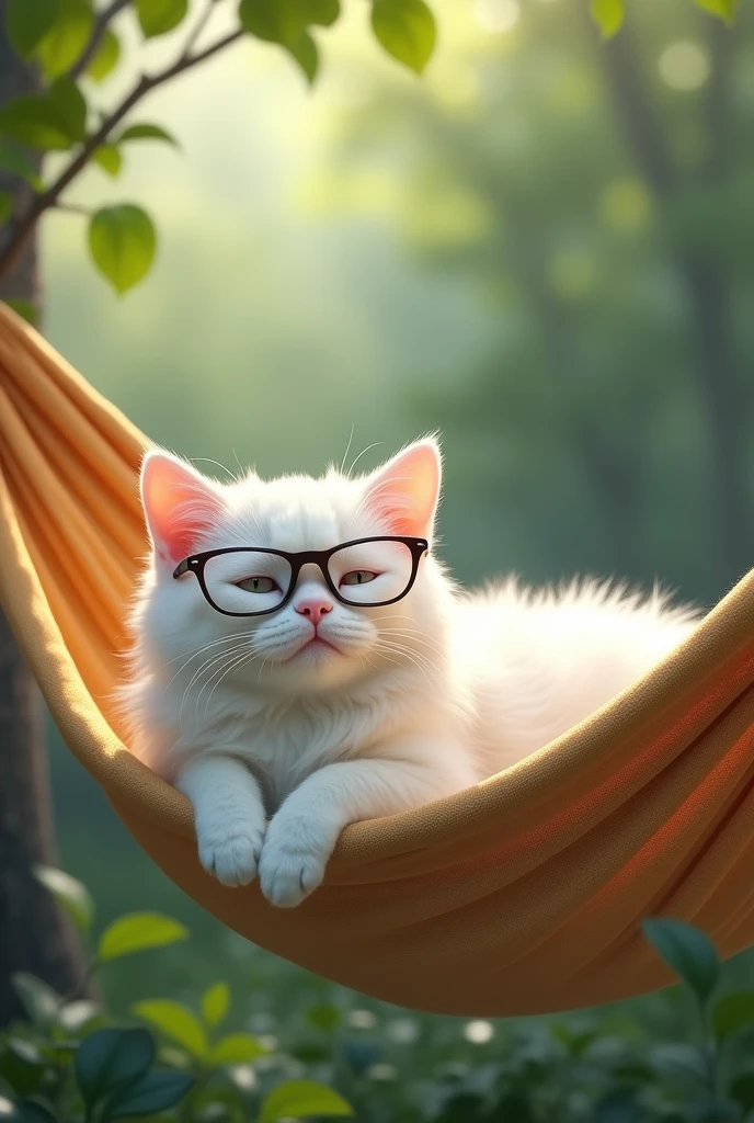 relaxed white cat with glasses in a hammock
