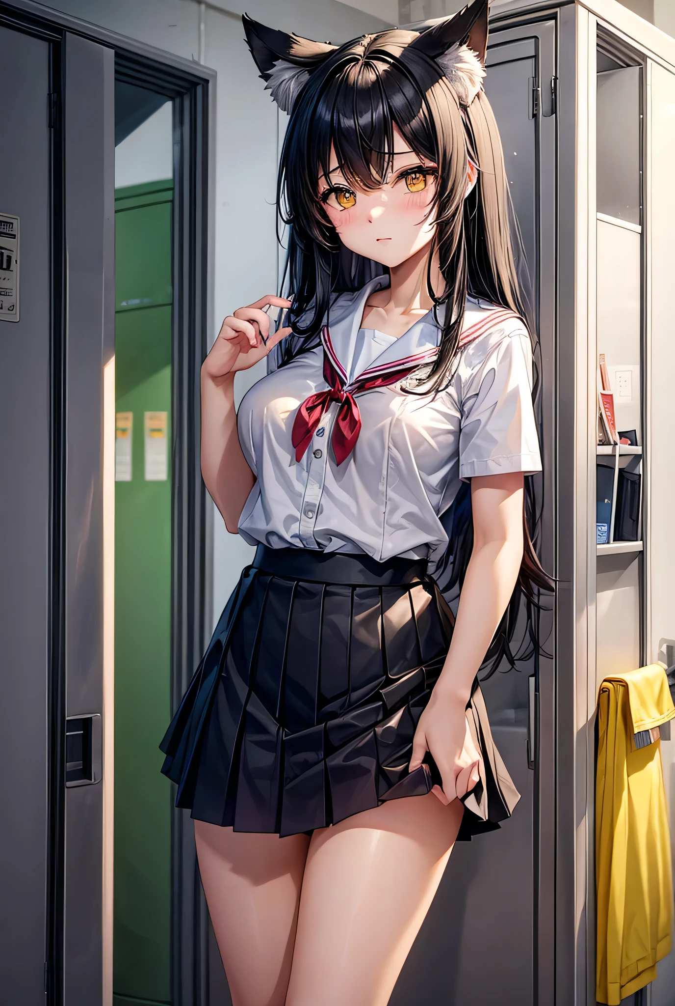 former boy、girl、short stature、big breasts、I'm in trouble、Completely naked、naked,、wolf ears、yellow eyes、　only one person、long black hair、Elementary school student、school locker room