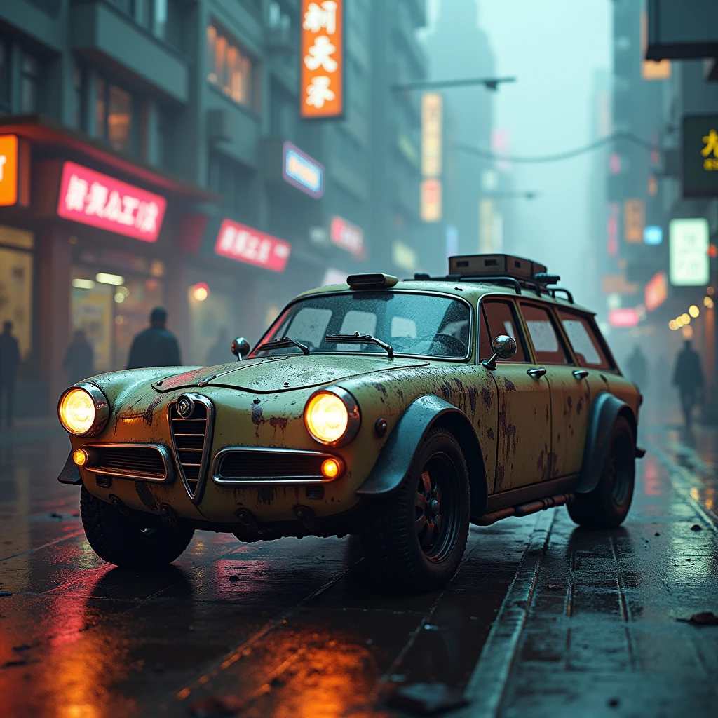 Cyberpunk Alfa Romeo vintage armored wagon、Shallow depth of field、(masterpiece:1.3) (最high quality:1.2) (high quality:1.1)、Cinematic Light, ((Cinema Lighting),(Natural light),(High level of artistry),(artistic),(Indistinguishable quality from the real thing),RAW Photos,Genuine,Genuine,High resolution,RAW Photos,masterpiece, beautiful,