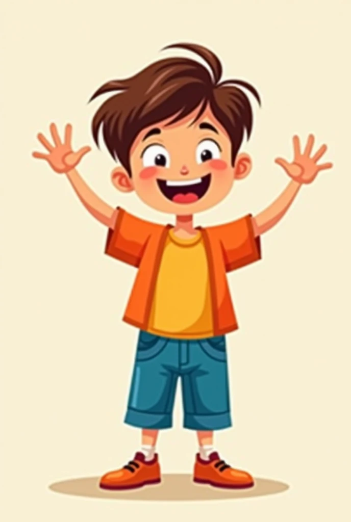 Generates an image of an animated boy waving in orange and blue and yellow clothing