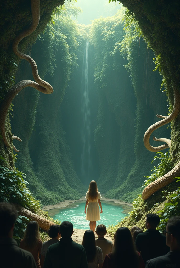 There is a girl inside a pit with plants and snakes on her. People are standing and watching in amazement