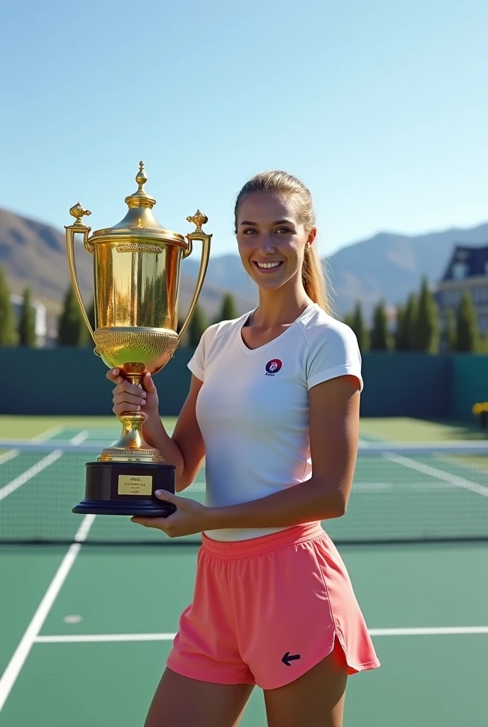 An Icelandic female tennis player poses on the court with the national champion trophy, in reykjavik, looking very happy. 8k, Full HD, wall-paper, realisitic, RAW