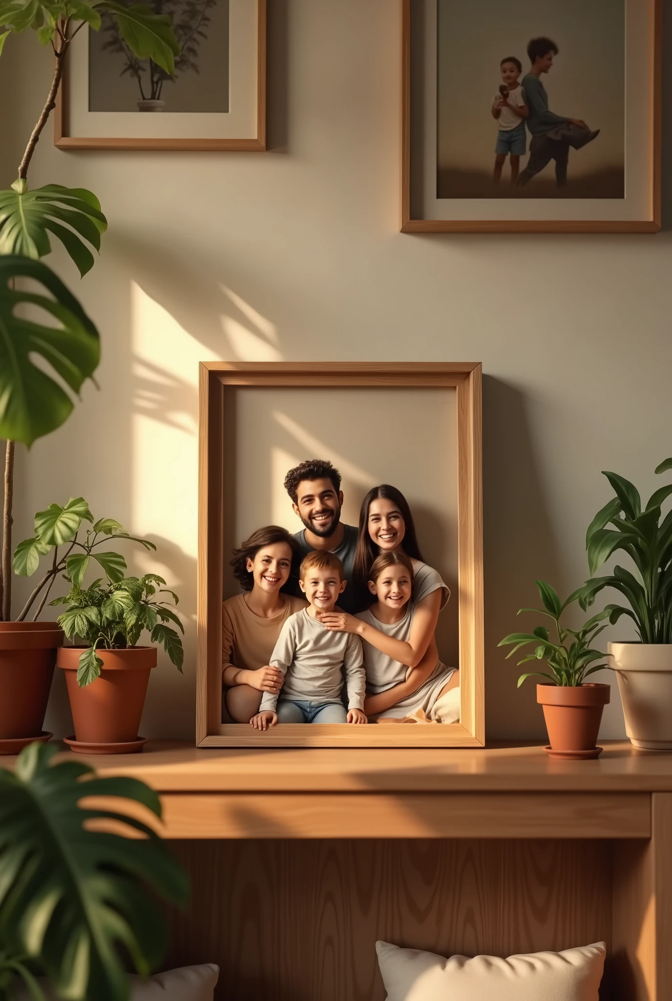 (Smiling Family: 1.2), Happy Landscape, (Living Room: 1.1), Family Portrait, Parents and Two Children, Smiling, Cozy Atmosphere, Picture on Shelf, Warm Lighting, Comfortable Sofa, Houseplants, Wooden Furniture, Family Portrait, Sepia Tone