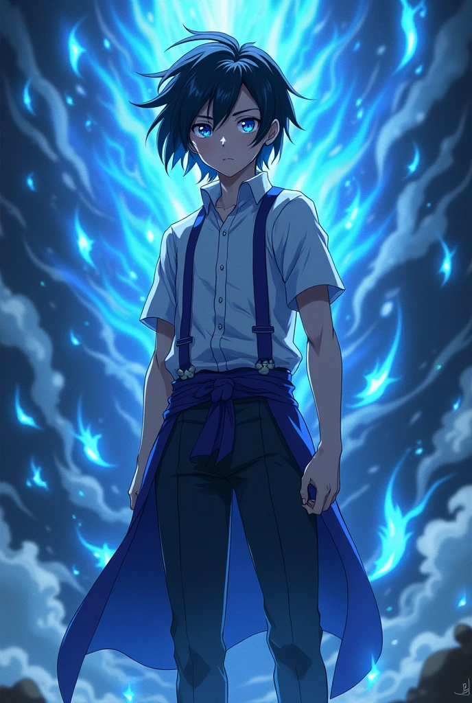 An anime character called kai with blue eyes and black hair standing and in the behind some blue sparks like the background from jujutsu kaisen 