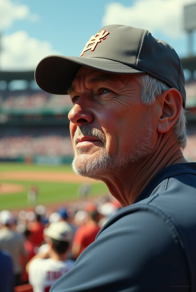 A man wearing a grey baseball cap at the ballpark