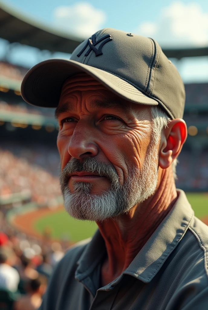 A man wearing a grey baseball cap at the ballpark