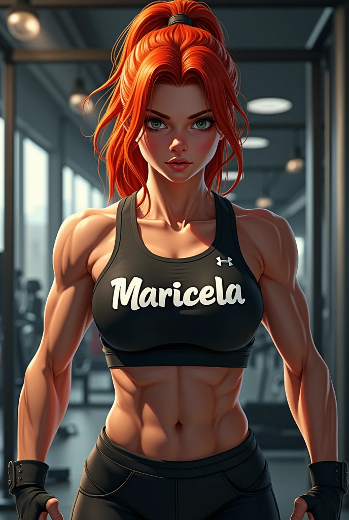 Draw a redhead woman training at the gym, that the word maricela is written on her shirt