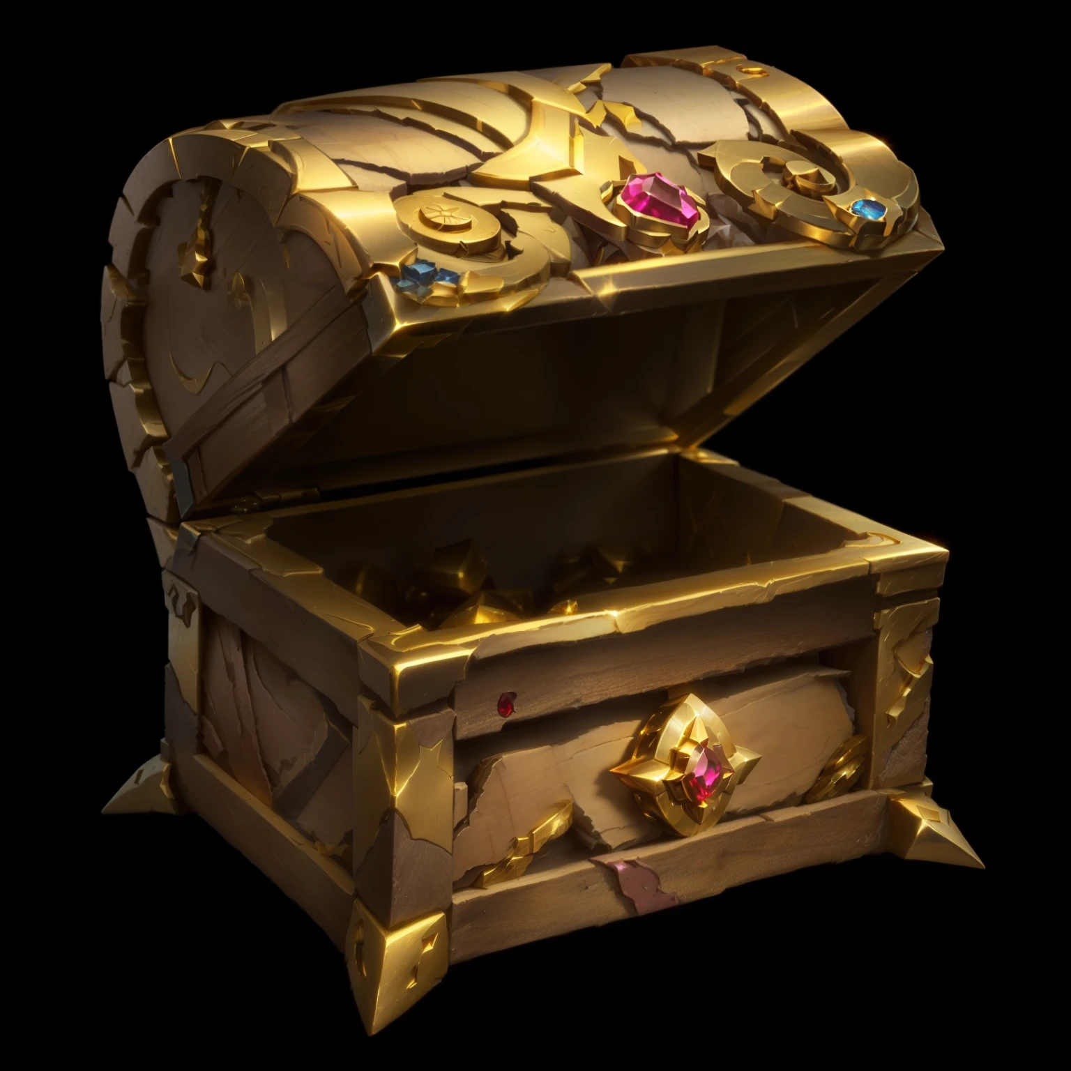 Open chests,Gold treasure chest inlaid with rubies,Metal Material,League of Legends Inventory Items, Loot Boxes, Treasure ,A small amount of gold coins and sapphires,Metallic luster,Game assets, Treasure artifact, 3d icons for mobile games,Diablo concept style,
