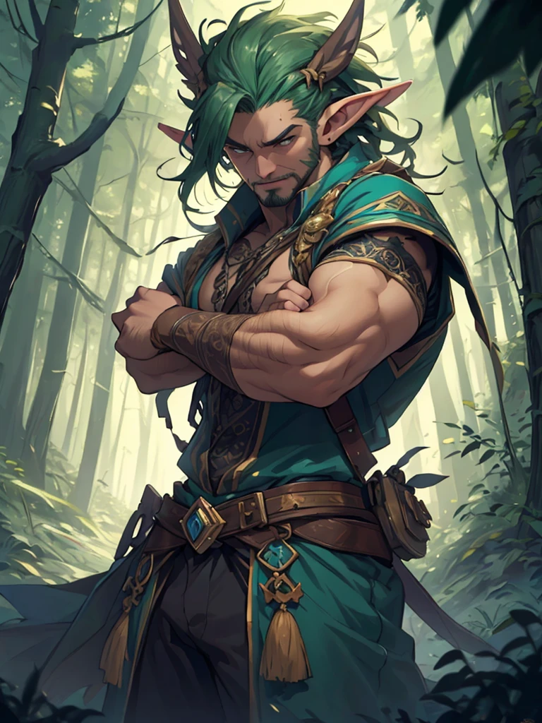 (masterpiece: 1.2), (very detailed: 1.2), (perfectly detailed), (very detailed and beautiful: 1.1) solo, 1 boy, male only, muscular male, Mentaiko art style, dynamic pose, shaved temples, thick stubble, has thick stubble, body hair, action scene, detailed face, at full height, nature magic, forest elf, Druid