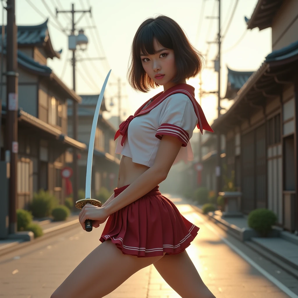 Browsing Caution:-2, Realistic, legs apart:1.21, Photorealistic, Highly realistic photos, Portrait of a Japanese woman with a Japanese sword:1.21, Elegant appearance, Cool woman, Cute Japanese woman'顔:1.21, Beautiful Japanese woman face:1.21, (She is brandishing a Japanese sword.:1.5), Female Swordsman, female killer, There's a lot of blood on her body.:1.21, sexy, Confident face, (Above the knee shot.:1.21), (Realistic photos:1.4), (masterpiece, Highest quality:1.2), RAW Photos, 32K High Resolution, Intricate details,Very detailed, (Flat Chest:1.21), Gazing at the audience, Tight waist, Cute 顔, Light brown hair, (Fluffy bob cut hair:1.21), With drooping bangs, School uniforms, Sailor uniforms from famous Tokyo Metropolitan High Schools, Short sleeve clothing, Short-sleeved sailor uniform:1.21, sera fuku:1.21, The upper body is wearing a uniform:1.21, Show me your belly:1.21, Micro Mini Skirt:1.21, I can see her white panties:1.21, Knee-high fishnet stockings, Long Boots Bust Top Float, Sharp eyebrows:1.37, Pink lipstick:0.95, Detailed face, Hostility, Pale skin:1.21, Fine skin, Glowing Skin:1.21, On the outdoor set of a historic film studio, On a set of wide city streets, A set of old Japanese houses in the background, Sunny daytime, The sun's rays shine on her body:1.37, Ray Tracing, Emotional, Dynamic and cinematic lighting, Browsing Caution:-2