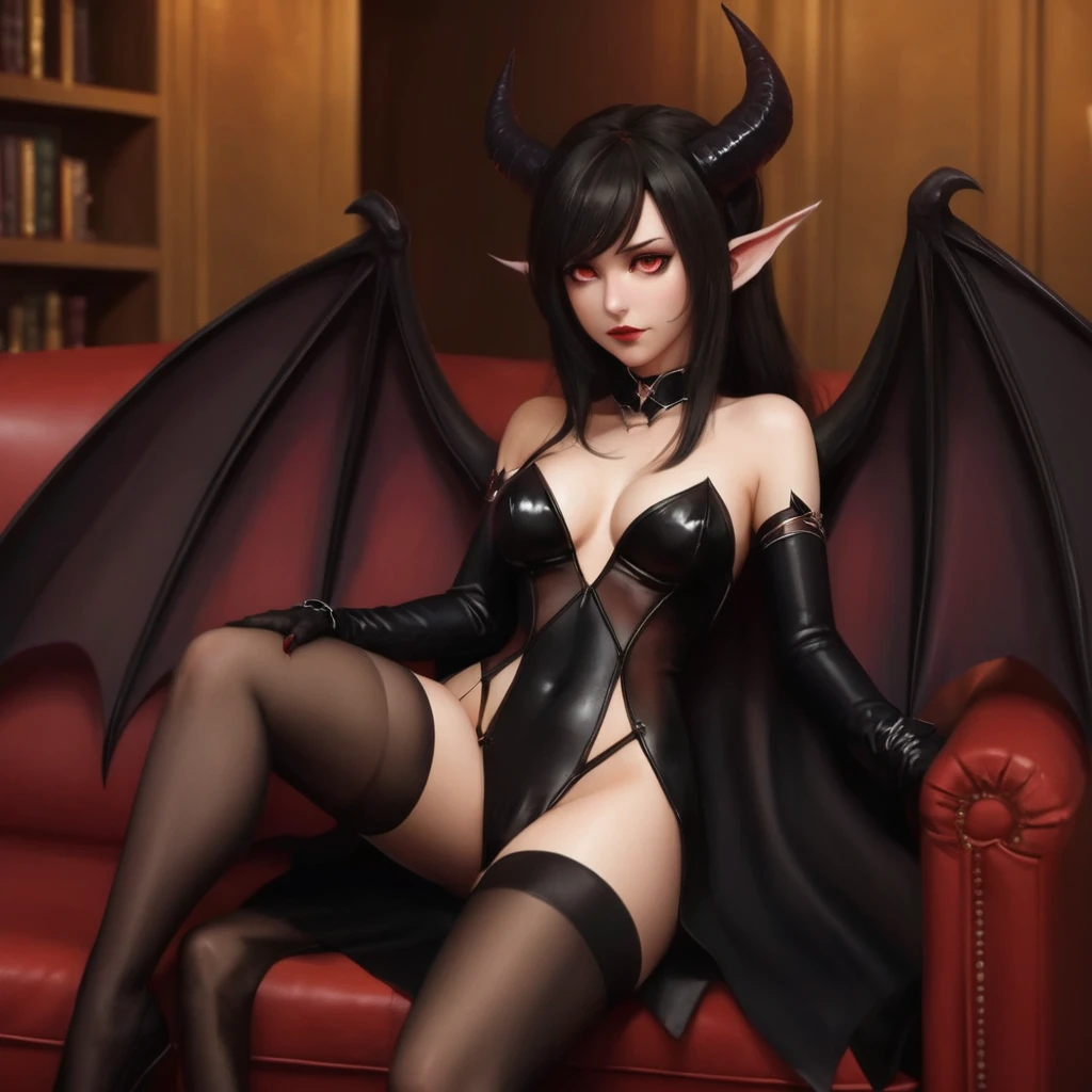 A sexy woman in a black leather outfit is sitting on a red sofa and wearing devil wings, beautiful Succubus, Succubus in tight short dress, Succubus, Succubus | Medieval, A beautiful and elegant demon queen, The villain has black angel wings, Succubus in sundress portrait, Demonic, Devil Girl, Devil Anime Girl, Very sexy devil costume, Devil sitting style、Devilman Lady