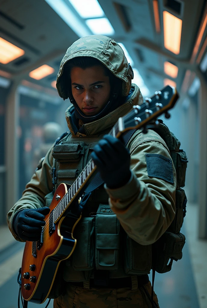 military soldier in ambush killing terrorist while playing guitar on a spaceship