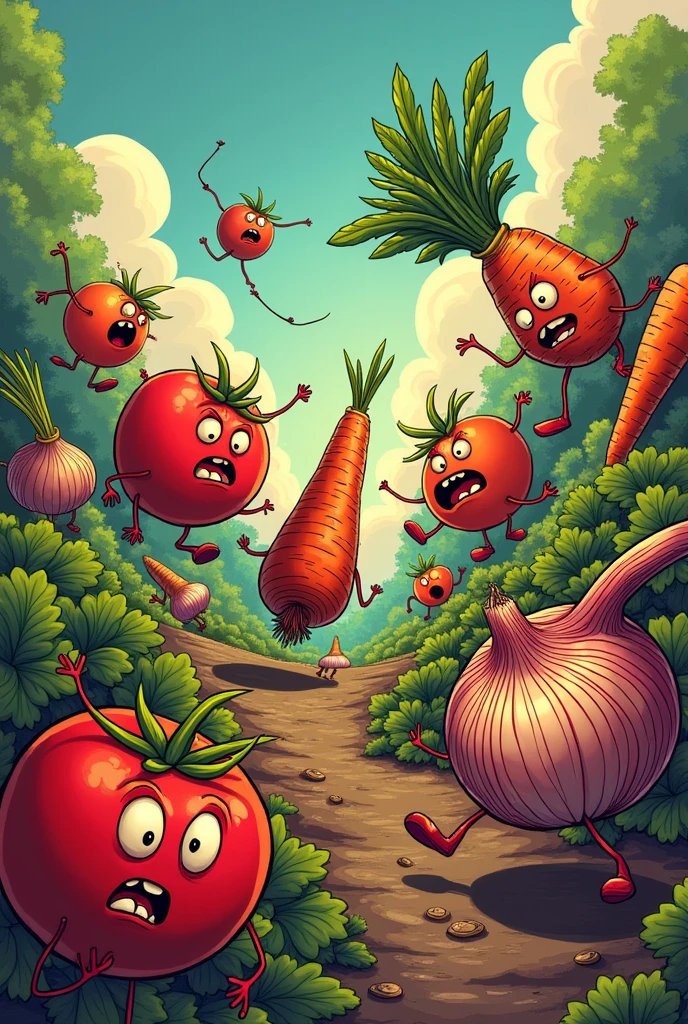 Create a comic book cover with a title " the vegetable revolt " with talking tomatoes , fighting onions and walking carrots . Without humans and in Portuguese why?/br col onions
