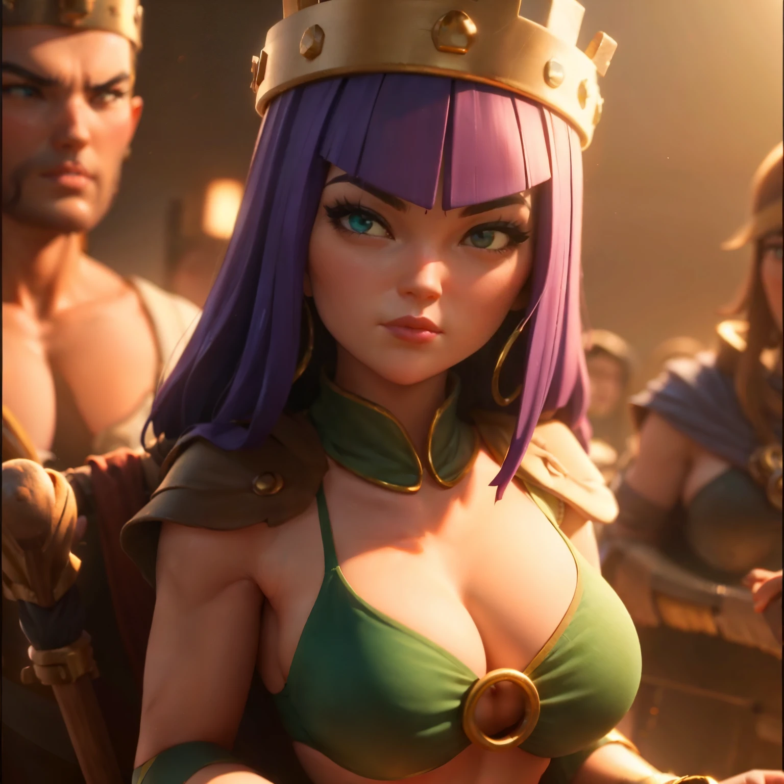 (masterpiece), best quality, expressive eyes, perfect face, Archer queen from clash of clans , 30 year old women, facing towards screen parted lips feminine figure body wearing short undies and bikini , beautiful expressive eyes , 4k backlighting,