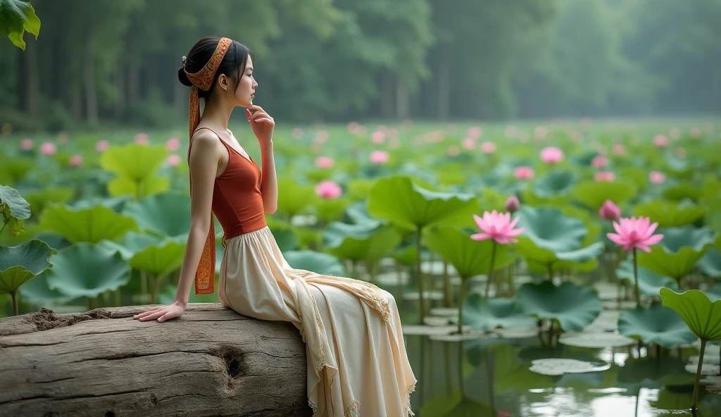 A realistic cinematic shot depicts a serene scene where a young Vietnamese traditional costume woman sits contemplatively on a large, weathered log at the edge of a tranquil pond filled with lotus flowers. The woman, positioned slightly to the right of center, is dressed in a sleeveless rust red top with thin straps and a high neckline, paired with a long, flowing cream-colored skirt that reaches her ankles. Her bare feet rest on the wooden surface, with her right hand delicately supporting her chin, evoking a sense of quiet reflection. Her black hair is neatly tied back in a bun, adorned with a wrapped headpiece featuring intricate patterns in shades of orange, red, and green. The log beneath her is textured with visible grain patterns, knots, and cracks, adding to its natural appearance. A softly draped cloth with a subtle floral pattern in beige, pink, and green is cascading over the left side of the log, its frayed edges contributing to the rustic feel. The pond's surface is calm and reflective, adorned with large green lotus leaves of varying sizes and conditions, some floating vertically while others lay flat on the water. Pink lotus flowers bloom among the green foliage, adding pops of color to the scene. In the background, a vast expanse of lotus flowers stretches into the distance, creating a rich tapestry of flora. Dense trees in various shades of green frame the horizon, gradually fading into a misty haze that adds depth and tranquility to the composition. The lighting is soft and diffused, casting gentle shadows and highlighting the textures of the wooden log, the lotus leaves, and the woman's features. This creates a warm, muted color palette dominated by earthy tones of forest green, soft pink, tan, and cream, with touches of pale yellow and light brown. The overall atmosphere is peaceful and contemplative, enhanced by the balanced composition and harmonious interplay between the woman, the natural elements, and the serene landscape. Highly detailed fa
