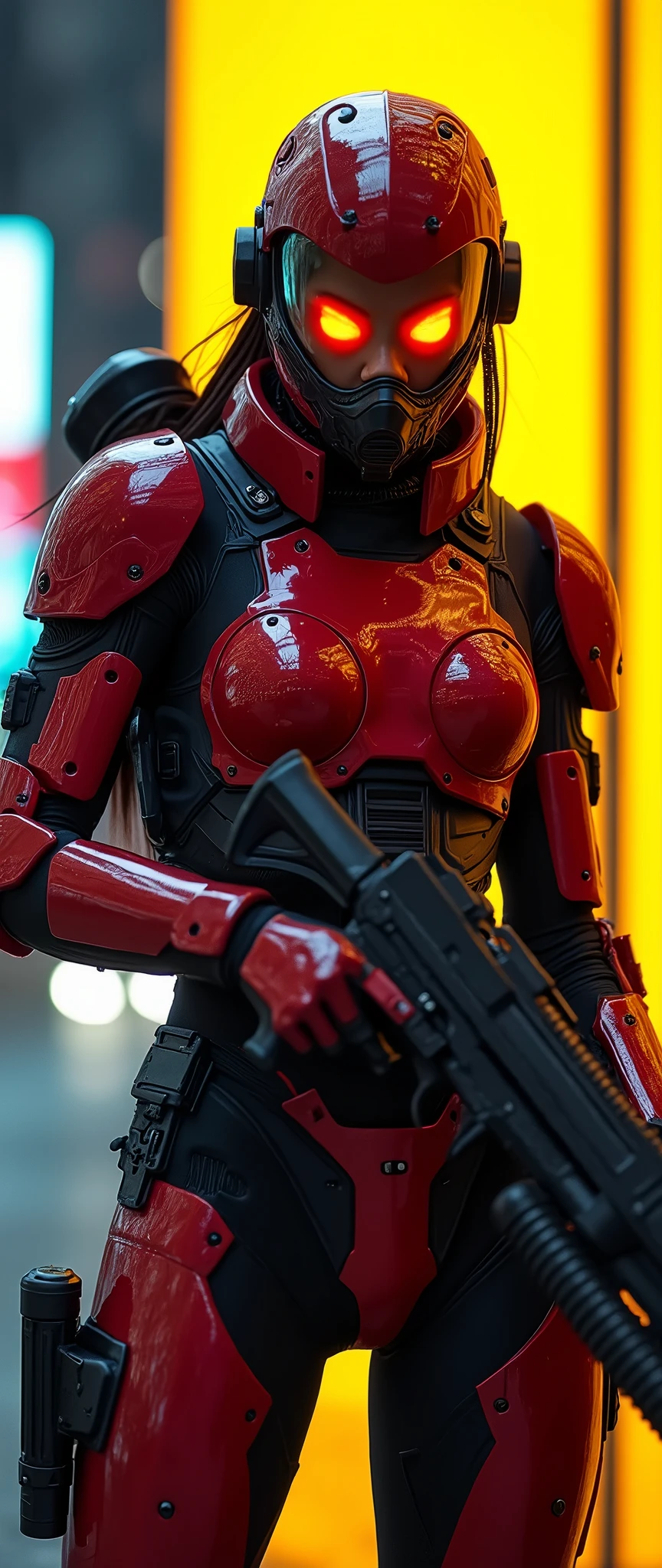Frontal combat stance of the armored female warrior, her imposing physique and striking red and black armor accentuated by the LED spotlight's bright yellow beam. Her piercing red-orange cyber eyes glow beneath the transparent glass shield, radiating intensity as she grasps her gun firmly with her right hand. The cyberpunk cityscape behind her provides a dramatic contrast to her bold attire, with neon lights reflecting off her armor.