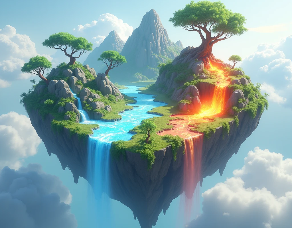 Create a concept illustration of a floating island representing the sanctuary or world of three fantasy characters. The island should feature distinct elements that symbolize water, earth, and fire, integrated harmoniously. The water element should be represented by flowing rivers, waterfalls, or small lakes; the earth element by solid ground, rocks, and lush greenery; and the fire element by glowing embers, small flames, or volcanic features. The design should be detailed and imaginative, yet with no background—just the floating island itself. The style should evoke a sense of mysticism and balance, as this island is the sanctuary of the three elements. The illustration should be visually striking, with a focus on the interplay of these elements in a cohesive, magical environment.