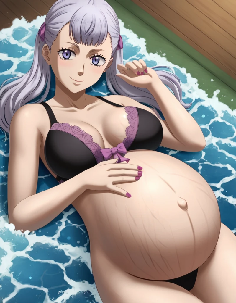 noelle_blackclover, Noelle Silva, Black Clover, long silver hair, waist-length hair, half-up half-down hairstyle, ribbon, soft waves, side-parted bangs, almond-shaped blue eyes, high-quality, ultra-detailed, beast quality, 8K resolution,
looking at viewer, dutch angle, cowboy shot, smile, pregnant belly, large belly, big belly, big Breasts, Lying down, Stretch marks,
1girl,solo, indoors, happy, Smiling, rub belly,
full body, Nail polish,