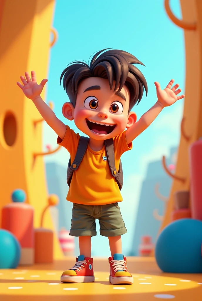 Generates an image of an animated boy waving in orange and blue and yellow clothes Animated