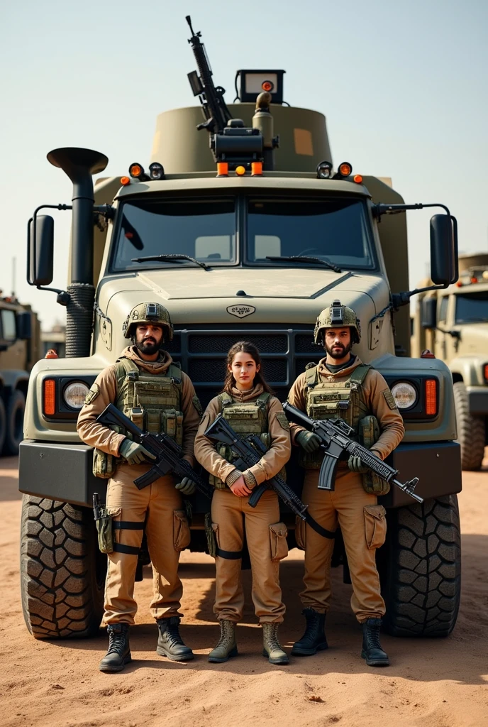 Alafed truck with gun on back, Afghan fighters, French special forces, heavily armed, Taliban, Kurdish soldiers, heavily armored, military vehicle, military weapons, military equipment, truck, camouflage, special forces security, modern military equipment, carrying rifle, gun mounted on shoulder, gun posing in front of truck A female soldier, ((masterpiece, highest quality, Highest image quality, High resolution, photorealistic, Raw photo, 8K)), ((Extremely detailed CG unified 8k wallpaper)), (huge stunning goddess shot, very hot and sexy, jaw-dropping beauty, perfect proportions, beautiful body, slim body beauty:1.4),  