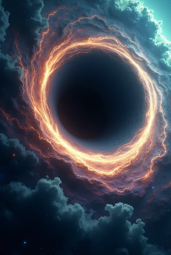 

- A  black hole in the center, with swirling accretion disk and event horizon
- Radiant, glowing particles (representing Hawking radiation) escaping from the black hole's poles
- A  cosmic background in the surroundings
- Incorporate vibrant colors to represent the energy and radiation
- Add some visual effects to convey the dynamic, energetic process of Hawking radiation"
