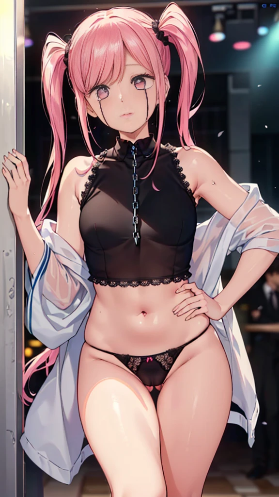 Very beautiful girl, See through,Beautiful and fair、Beautiful Skin、Glowing Skin, bright, Refreshing and gentle look, Perfect beautiful face、Beautiful shiny bangs, Small breasts,Lace dress,See through,(((女性のためのsexyな透明なパンティー,Hola,seamless,Low waist,Plain,Quick-drying underwear,sexy))),(To look directly at the crotch.),(Tea-colored hair with a pink ribbon and twin tails:1.23),(((ベルトとストラップ付きのFor women下着セット,Metal Chain,sexyなランジェリー,4 Piece Set,Porn Wear,Nightclub Temptation,For women))),((Underwear is transparent level 55%)),((50% chance of wearing thin underwear%)),(Extremely small underwear that shows the pussy line)