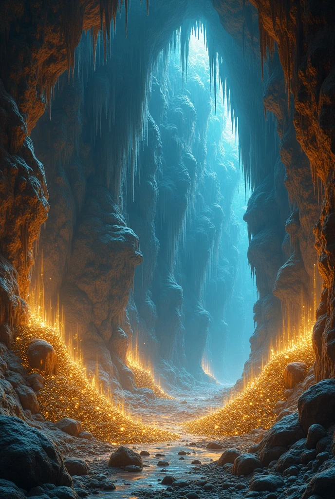 cavernous interior with shimmering treasure piles, glowing crystals, and intricate stalactites hanging from the ceiling.
