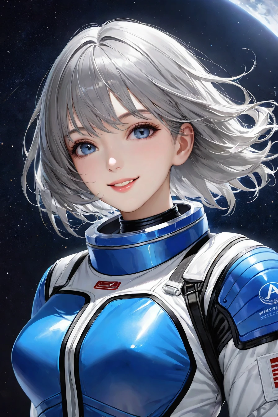 Highest quality, Ultra-high resolution, (realism: 1.4), Depth of written boundary, Beautiful Face, (Pure Eros Face_v1: 0.8), Half Body, | | One person, Mid-chest, (Gray Hair: 1.3), An innocent smile, Natural Makeup, | | | Model pose, | | (Spacesuit: 1.3), (Blue Armor: 1.3), Exquisite design, | | Space Background, performer_(null), moonlight, night, | |